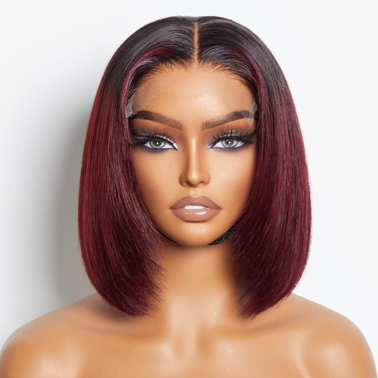 Limited Design | Dark Red / Brown Ombre Highlight Silky Layered Cut Glueless 5x5 Closure HD Lace Short Bob Wig