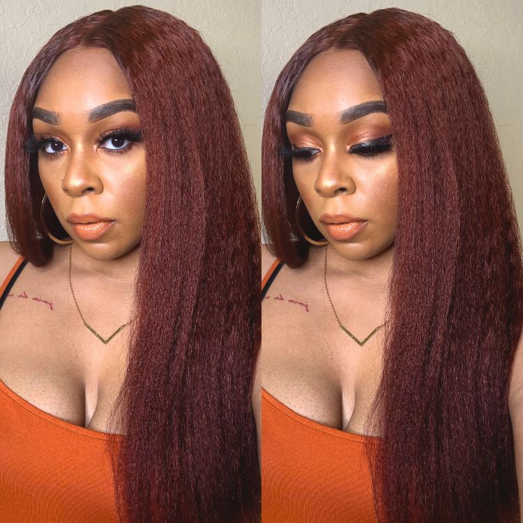 Luvme Hair Realistic Reddish Brown Kinky Straight Glueless 5x5 Closure Lace Wig for All Skin Tones