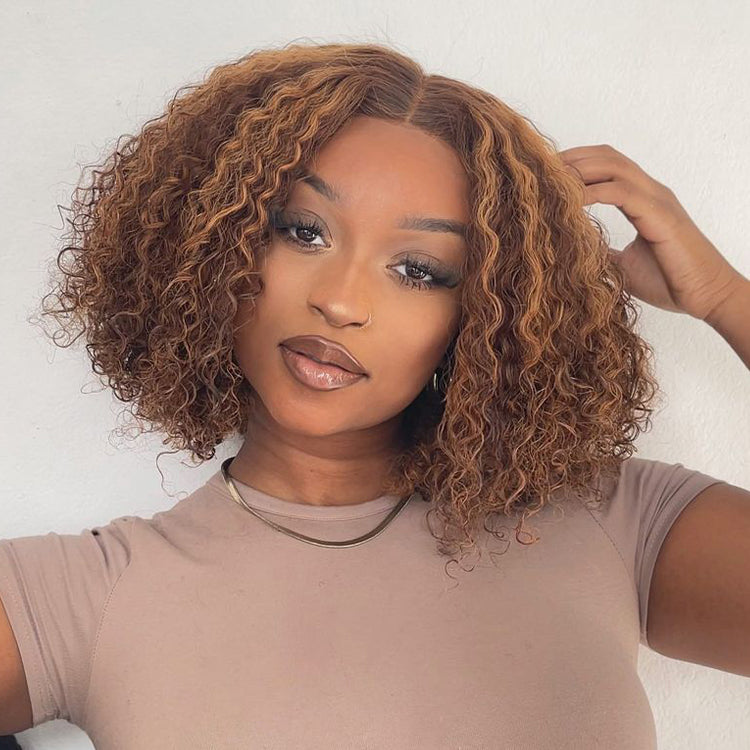 Flash Sale | Luvme Hair Mix Color Brown Curly Bob Wig Compact Frontal Lace Short Wig 100% Human Hair