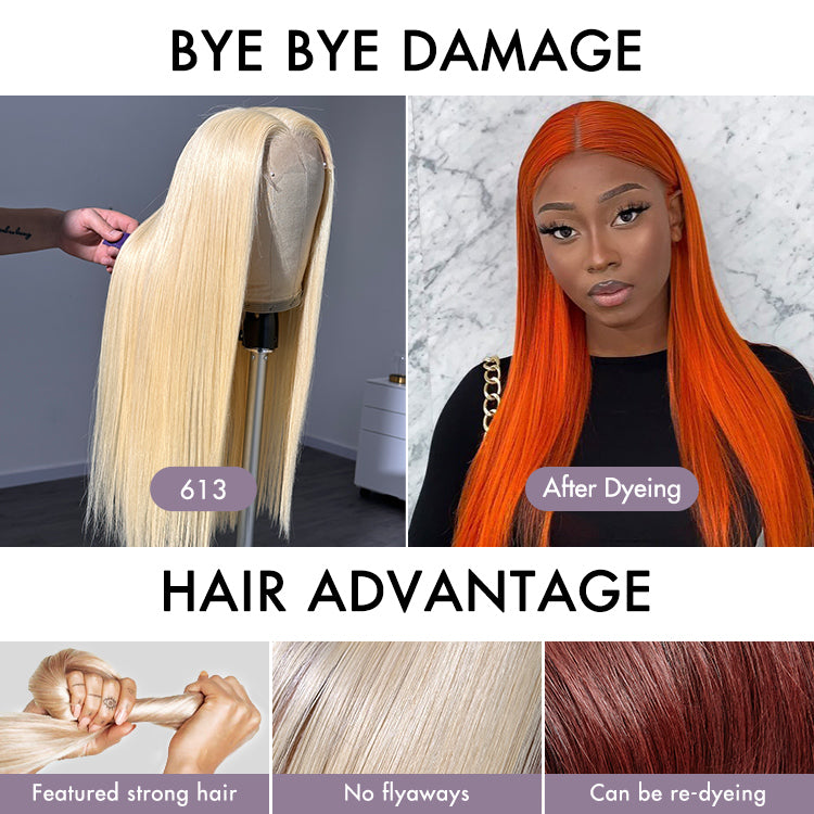 Easily Redyed 613 Silky Straight 5x5 Closure HD Lace Glueless Mid Part Long Wig 100% Human Hair