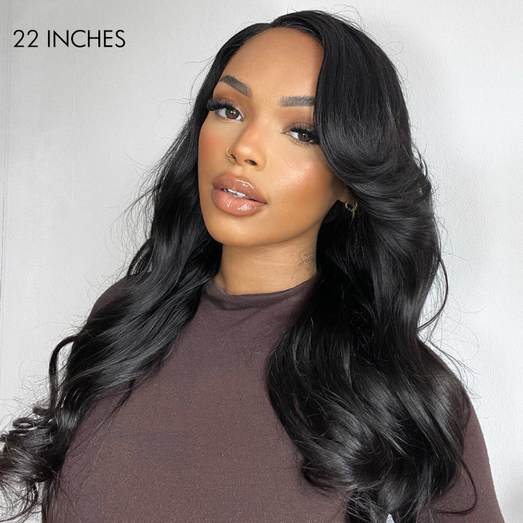 Graceful Natural Black Body Wave with Bangs 5x5 Closure Lace Glueless C Part Long Wig 100% Human Hair