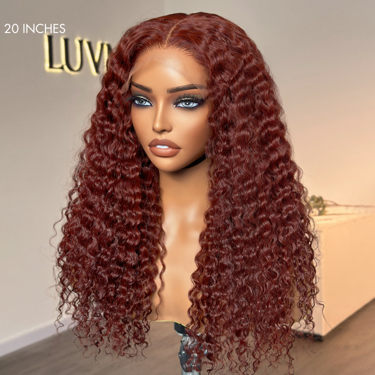 Dark Reddish Brown Fluffy Deep Wave Glueless 5x5 Closure Lace Wig