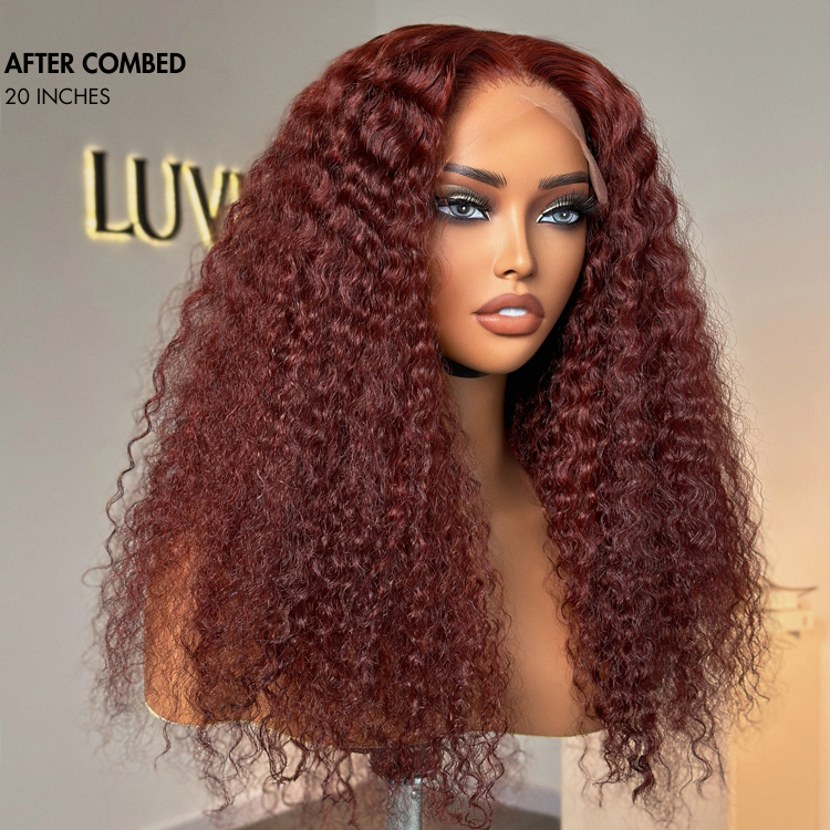 Dark Reddish Brown Fluffy Deep Wave Glueless 5x5 Closure Lace Wig