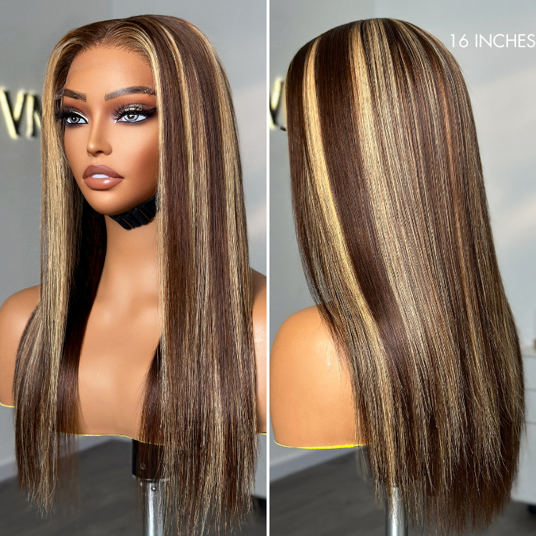 【22 inches = $219.9】Honey Blonde Highlight Silky Straight Glueless 5x5 Closure HD Transparent Lace Long Wig
