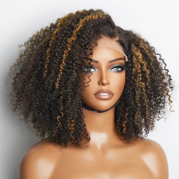 Brown Highlight Deep Side Part Afro Glueless 5x5 Closure Lace Wig Breathable Cap