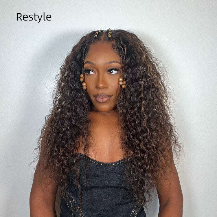 Points Rewards | Boho-Chic | Chestnut Brown Highlights Bohemian Curly 5×5 Closure Lace Glueless Mid Part Long Wig 100% Human Hair