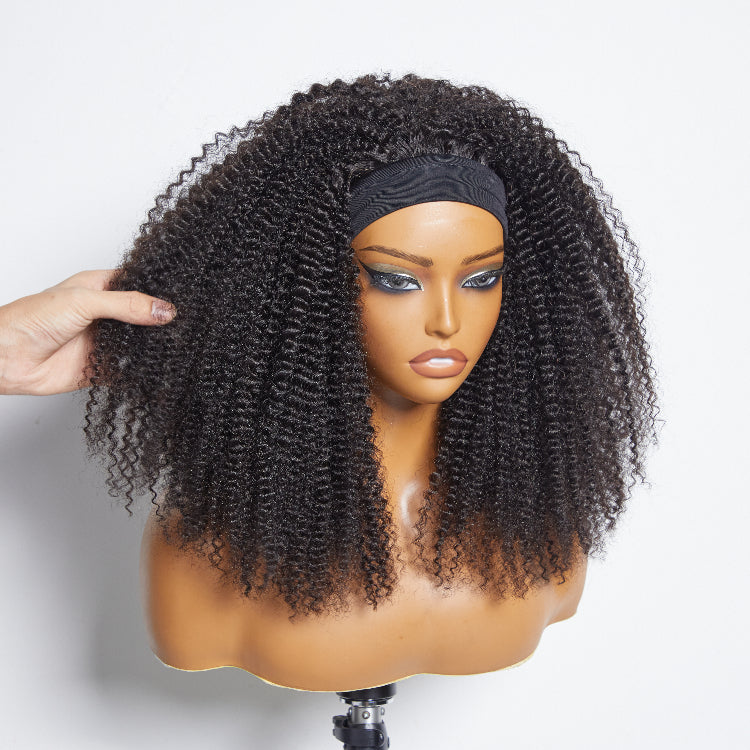 Points Rewards | Natural Black Jerry Curly No Lace Glueless Free Part Long Headband Wig 100% Human Hair (Get Free Trendy Headbands)