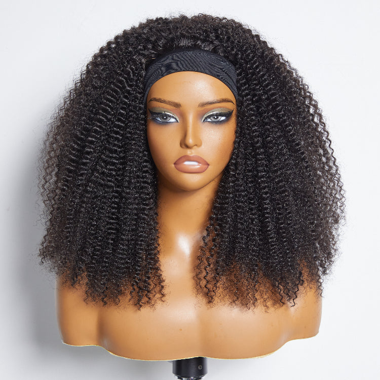 Points Rewards | Natural Black Jerry Curly No Lace Glueless Free Part Long Headband Wig 100% Human Hair (Get Free Trendy Headbands)