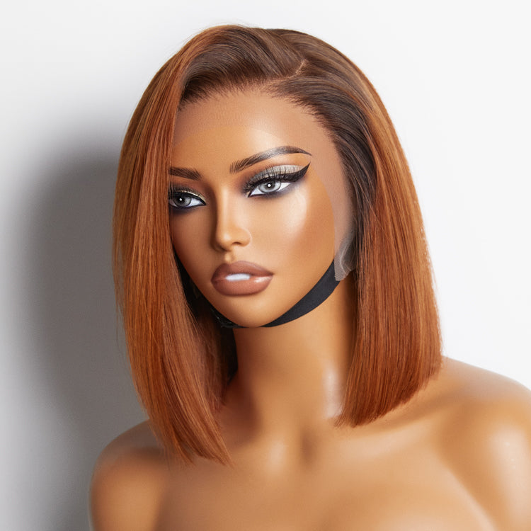 Ginger Ombre Silky Blunt Cut Glueless 13x4 Lace Front Short Bob Wig 100% Human Hair