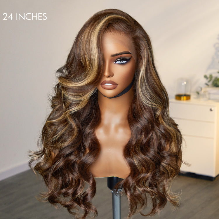 Honey Blonde Highlight Loose Body Wave Glueless 13x4 Lace Front Wig 100% Human Hair