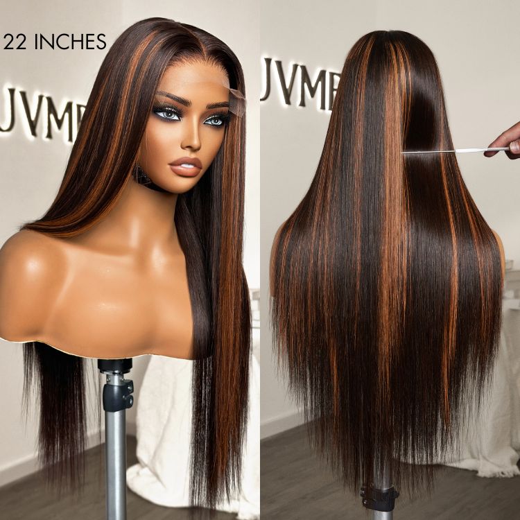 Classic Copper Ombre Highlights Silky Straight Glueless 5x5 Closure Lace Wig