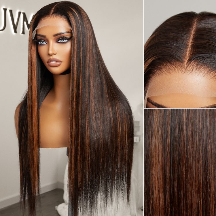 Classic Copper Ombre Highlights Silky Straight Glueless 5x5 Closure Lace Wig