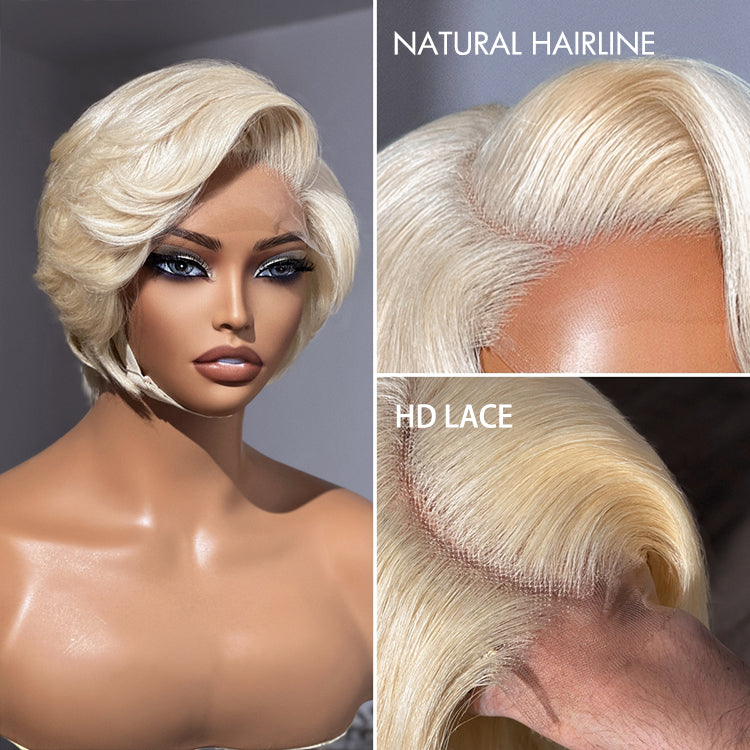 613 Blonde Pixie Cut Glueless Minimalist HD Lace C Part Short Wig 100% Human Hair