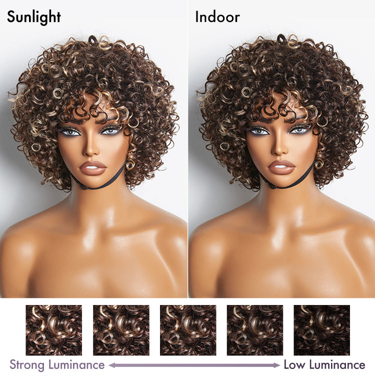 Throw On & Go Brown with Honey Blonde Highlights Glueless Short Curly Wig 100% Human Hair