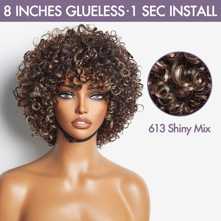 Throw On & Go Brown with Honey Blonde Highlights Glueless Short Curly Wig 100% Human Hair