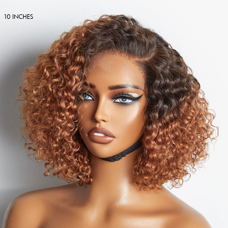 Trendy Mix Brown Short Cut Curly Minimalist HD Lace Glueless Side Part Wig 100% Human Hair