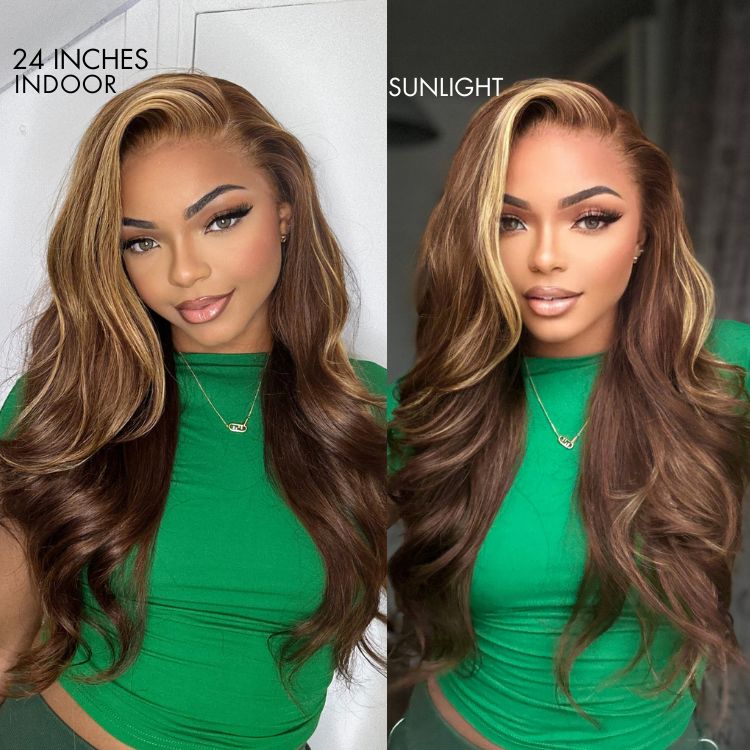 Honey Blonde Highlight / Natural Black Loose Body Wave Glueless 13x4 Lace Front Wig 100% Human Hair