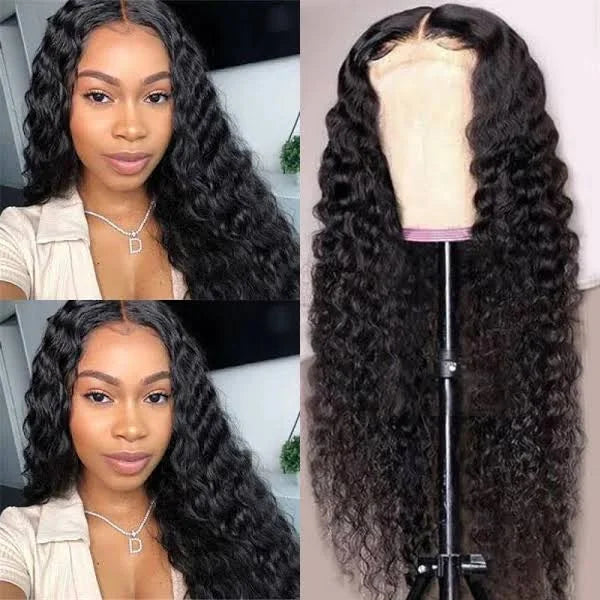 【24 inches = $219.9】Deep Wave 4x4 Closure Lace Glueless Mid Part Long Wig 100% Human Hair