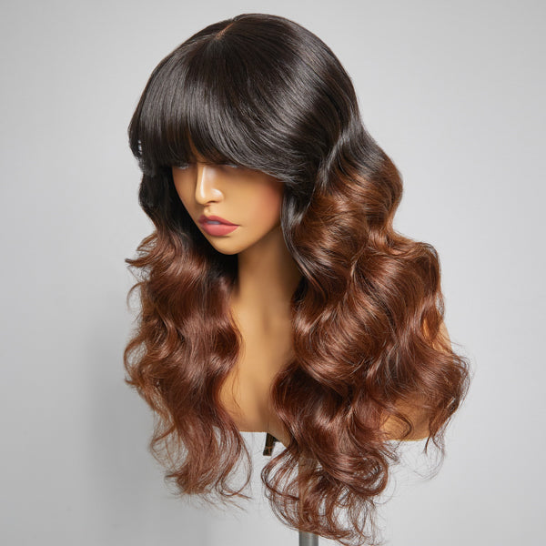 Limited Design | Letitia Chestnut Brown Ombre Loose Body Wave With Blunt Bangs 4x4 Closure Lace Glueless Wig 100% Human Hair