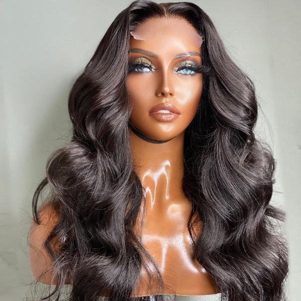 【22 inches = $189.9】Super Easy Natural Black Body Wave 4x4 Closure Lace Glueless Mid Part Long Wig 100% Human Hair