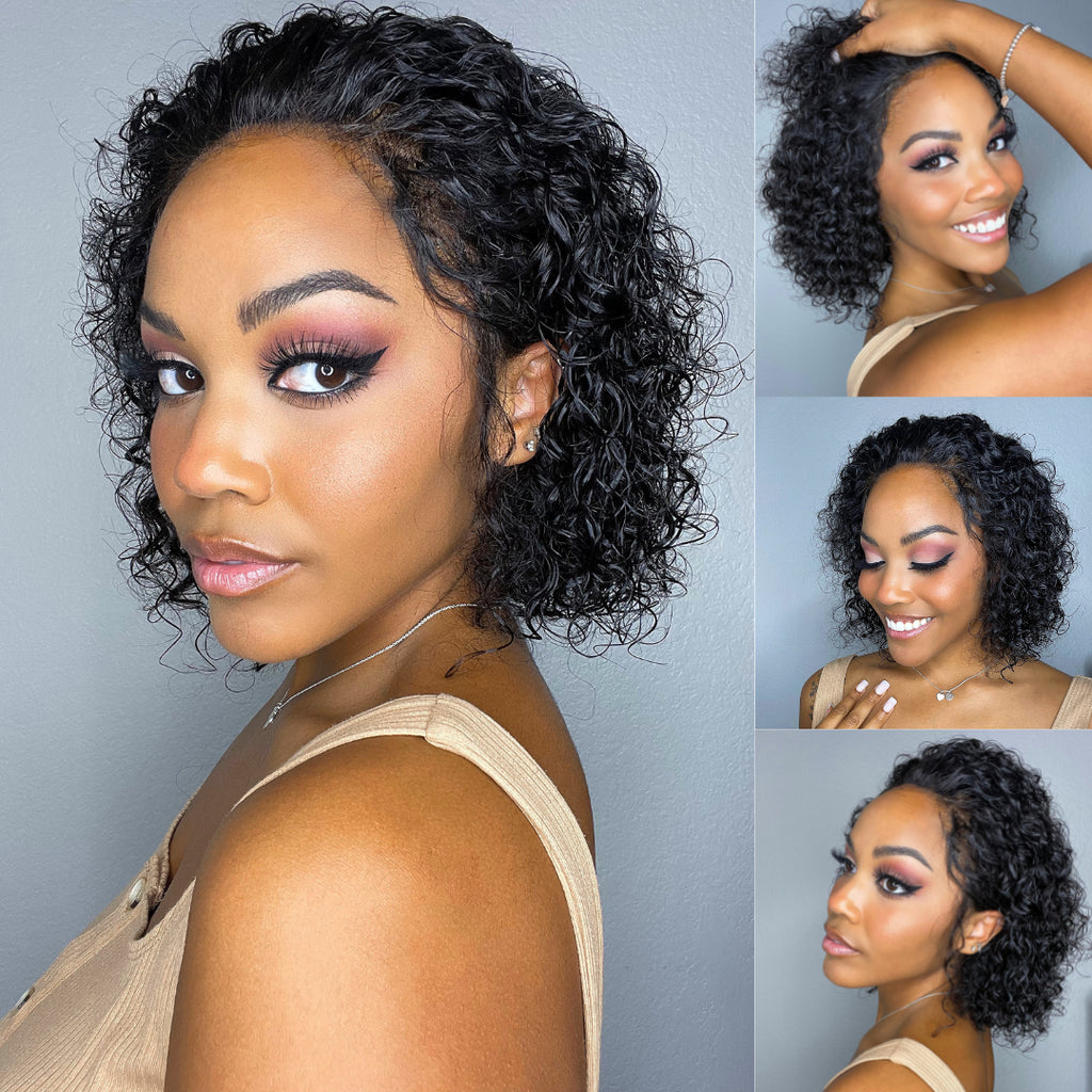 Slicked-Back Short Cut Curly Compact Frontal Lace Wig 100% Human Hair