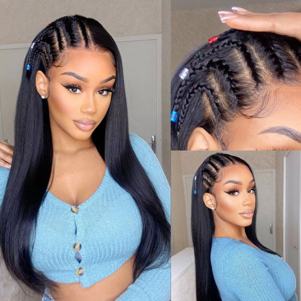 Flash Sale | Natural Black Left Side Braids Straight Glueless 13x4 Frontal HD Lace Long Wig 100% Human Hair