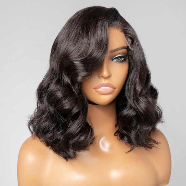 Elegant Natural Black Wavy Minimalist HD Lace Glueless C Part Short Wig 100% Human Hair