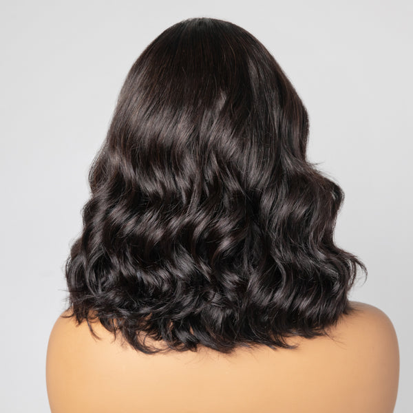 Elegant Natural Black Wavy Minimalist HD Lace Glueless C Part Short Wig 100% Human Hair