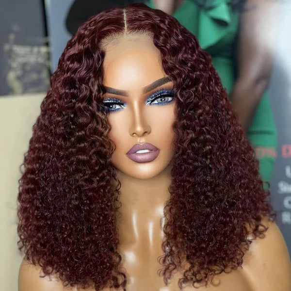 Dark Burgundy Kinky Curly 5x5 Closure Lace Glueless Mid Part Long Wig 100% Human Hair