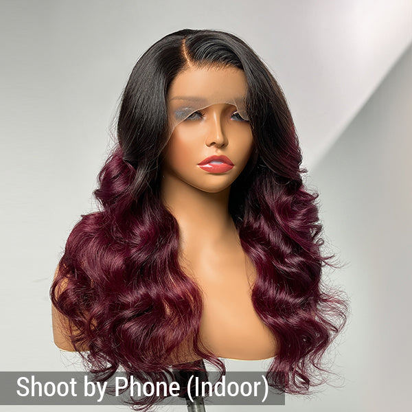 Limited Design | Alyssa Cabernet Ombre Glueless 13x4 Frontal Lace Right Side Part Long Wig | Large & Small Cap Size