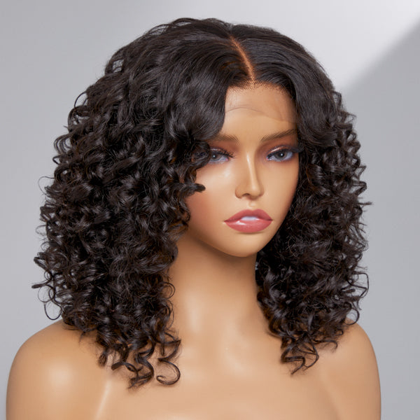 Water Wave Wig, 4x4 Closure Lace Layered Short Curly Mid Parted Glueless Wig