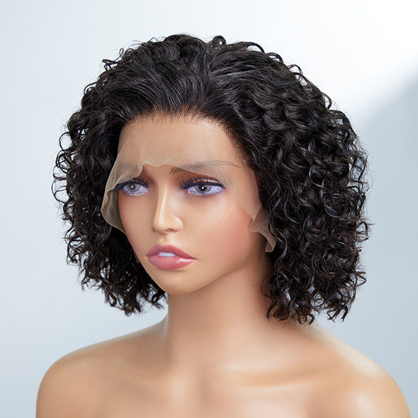 Slicked-Back Short Cut Curly Compact Frontal Lace Wig 100% Human Hair