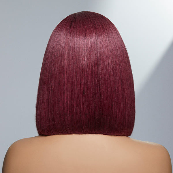 Burgundy New Trend Side-swept Bangs Glueless Wide T Lace Bob Wig 100% Human Hair