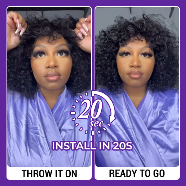 Throw On & Go Water Wave Minimalist Lace Glueless Short Wig With Bangs 100% Human Hair