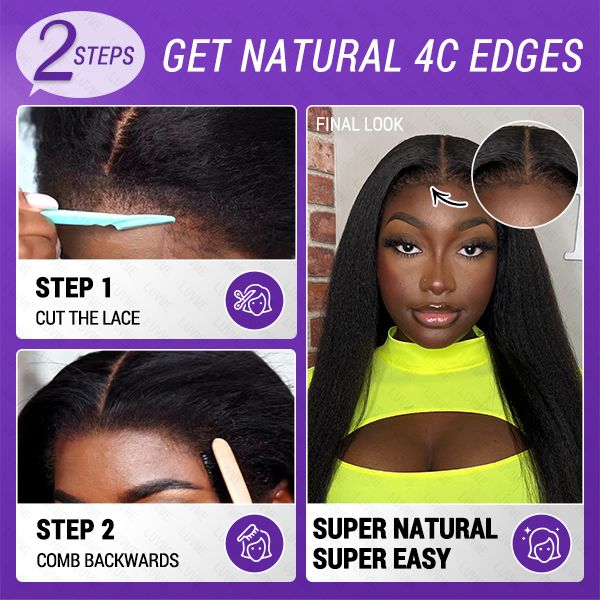 Special Deal | 4C Edges | Natural Black Kinky Edges Kinky Straight 5x5 Closure Glueless Long Wig
